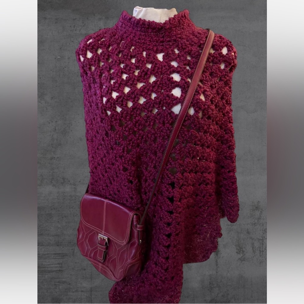 Magenta‎ Purple Pink Open Knit Boho Crochet Mock Neck Poncho - Picture 2 of 5